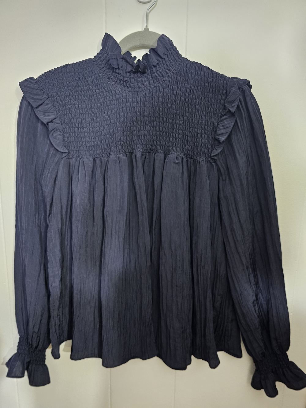French Connection Navy Smocked Ruffle High-Neck Peasant Blouse